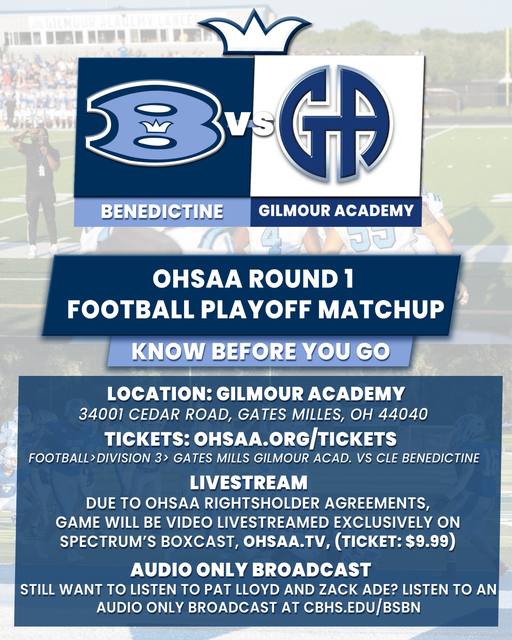 The Benedictine Bengals will travel to Gates Mills to take on the Gilmour Academy Lancers for Friday’s 1st Rd OHSAA Play…